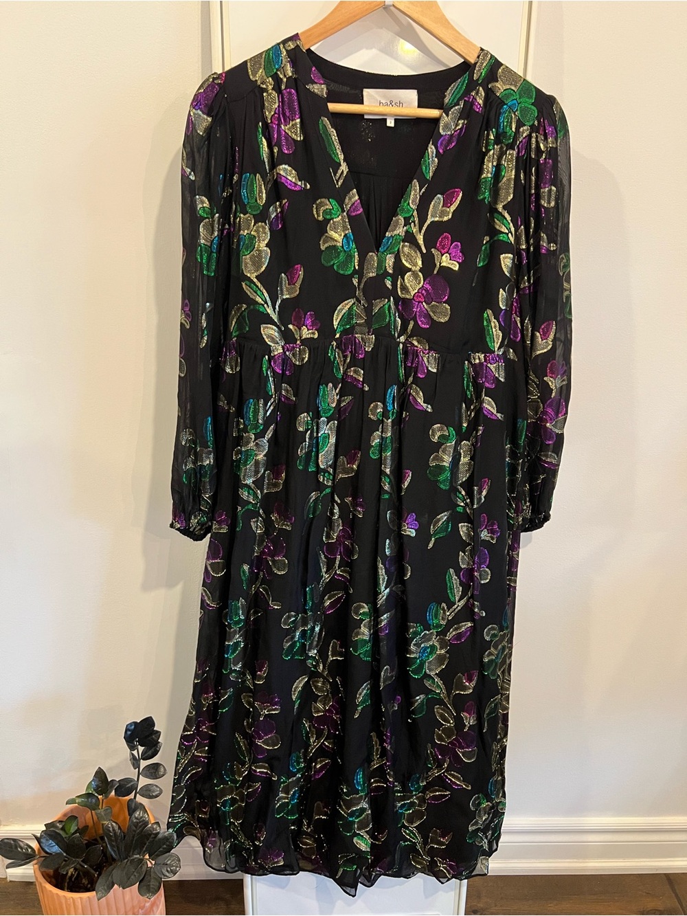Ba&Sh Ashley Jacquard Dress in Black with Metallic Floral Threading
